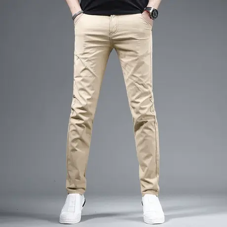 夏季薄款休闲裤男2023新款卡其色修身小直筒潮牌潮流男士弹力裤子商品大图
