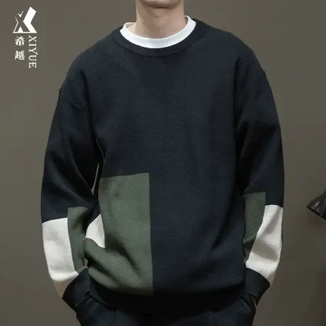 希越高级感拼接撞色毛衣男秋冬12针粗线针织衫男士宽松大码上衣潮商品大图