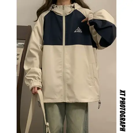 美式复古拼接撞色连帽外套男夏季防晒服潮流百搭宽松休闲风衣夹克商品大图