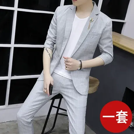 男士修身七分袖小西装夜店发型师韩版格子九分裤西服套装三件套潮商品大图