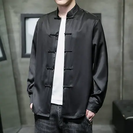 秋冬男长袖衬衫中国风绸缎盘扣立领修身休闲纯色宽松复古垂感唐装商品大图