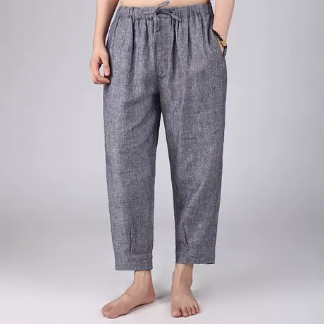 休闲裤男亚麻夏季新款宽松纯色棉麻哈伦九分裤中年男士复古裤子潮商品大图