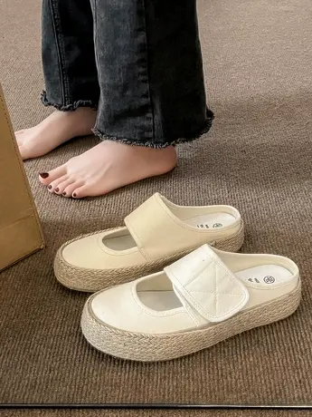 包头半拖鞋女2023新款夏季外穿一脚蹬帆布休闲渔夫鞋厚底运动凉鞋商品大图