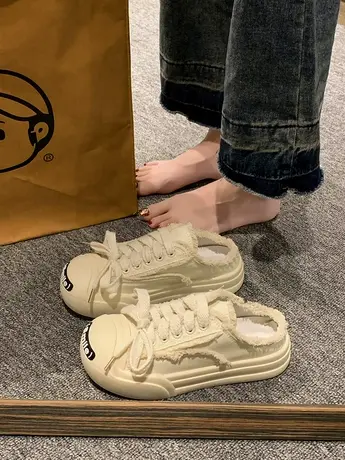 开口笑包头半拖小白帆布鞋女2023年夏季新款百搭厚底懒人休闲凉拖商品大图