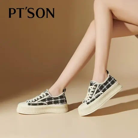 百田森年春秋季新品厚底饼干底女小香风白鞋休闲格子帆布鞋女PTS商品大图