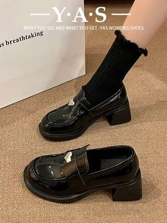 高跟小皮鞋女2024新款春秋单鞋一脚蹬法式粗跟乐福鞋网红厚底鞋子商品大图