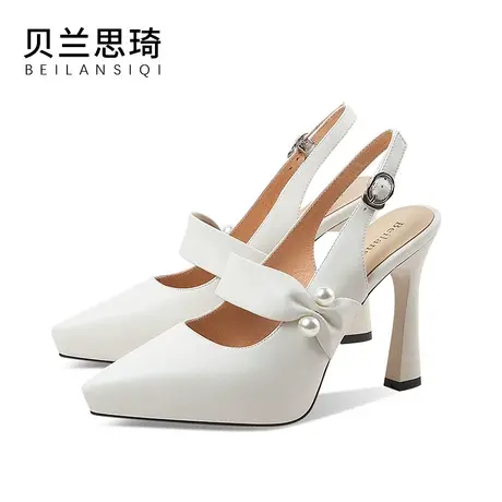 真皮后空一字带防水台高跟鞋女2023春秋季新款尖头厚底粗跟凉鞋图片