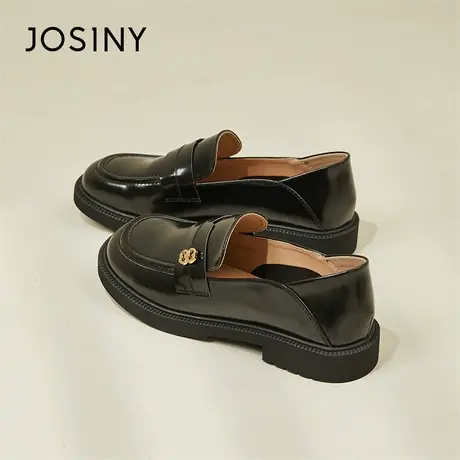 Josiny/卓诗尼黑色小皮鞋女2024新款春季厚底时尚粗跟一脚蹬单鞋商品大图