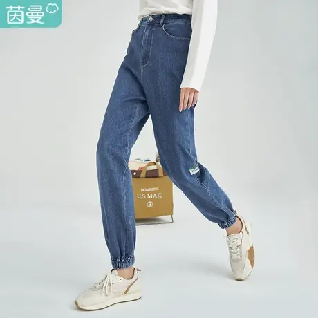 茵曼束脚休闲裤女秋冬2022年新款舒适萝卜宽松显瘦阔腿牛仔长裤子图片