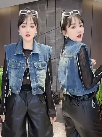 复古短款外搭牛仔马甲女2023夏季新款休闲宽松显瘦无袖坎肩上衣潮商品大图