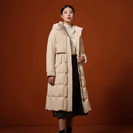 坦博尔冬季羽绒服女2023新款风衣连帽长款鹅绒服时尚商务保暖外套图片