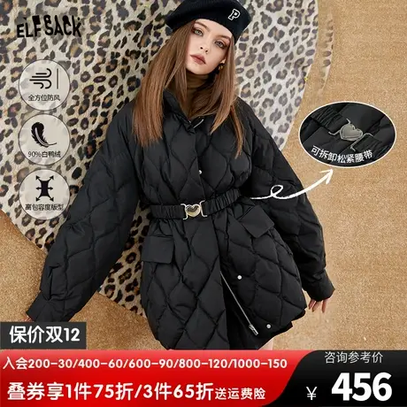 妖精的口袋黑色菱格羽绒服女2022冬季新款宽松收腰中长款加厚外套图片
