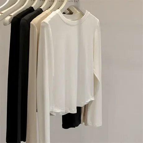 办公室姐妹人手一件~2023秋韩版简约纯色百搭长袖T恤女显瘦打底衫商品大图