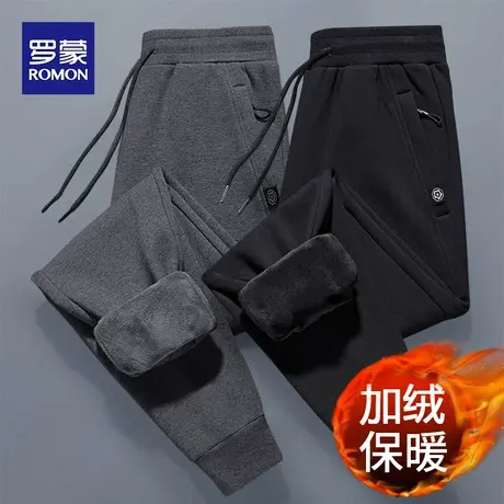 罗蒙男士束脚加绒卫裤2023春秋纯棉宽松运动裤子男潮流休闲长裤黑商品大图