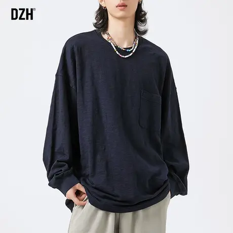 男士藏青色纯棉打底t恤男长袖秋季衣服男款宽松上衣新款圆领内搭商品大图