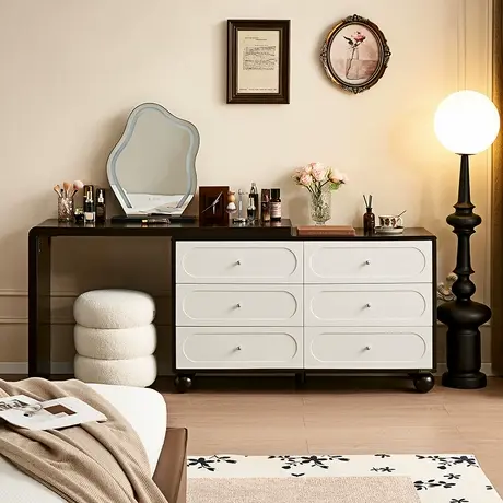 全友家居2024新款法式复古风卧室可伸缩转角斗柜一体梳妆台图片