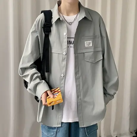 工装衬衫男长袖春秋季宽松港风外套男装中式上衣服青少年休闲衬衣商品大图