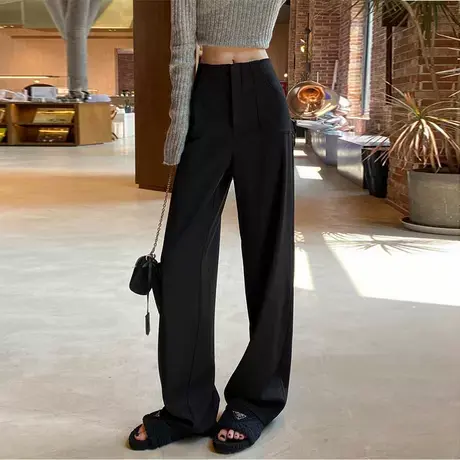 高级感黑色垂感西装裤女春秋慵懒松弛感直筒阔腿裤子雅痞休闲西裤图片