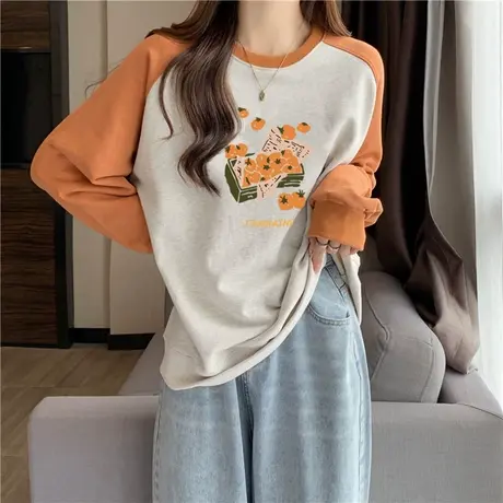 拼接撞色插肩袖T恤女春秋百搭宽松显瘦学生内搭打底衫长袖上衣服商品大图