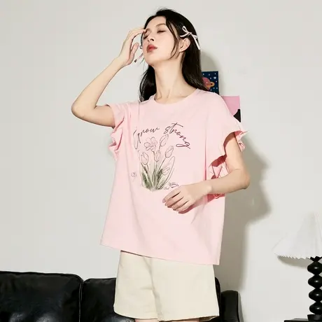 唐狮花边袖短袖T恤女夏季新款情侣装设计感甜美上衣洋气小衫爆款商品大图