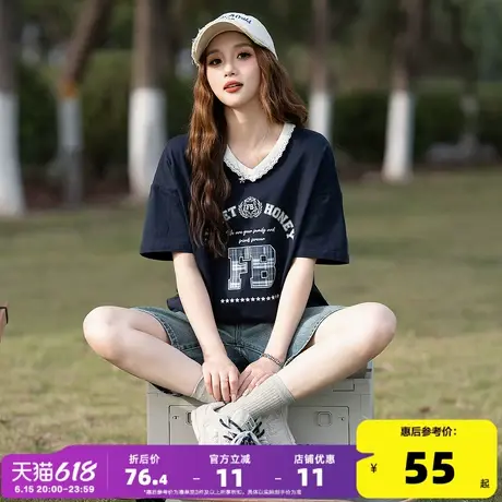 唐狮2025新款夏季女装纯棉短袖格子设计感独特v领蕾丝T恤宽松上衣商品大图