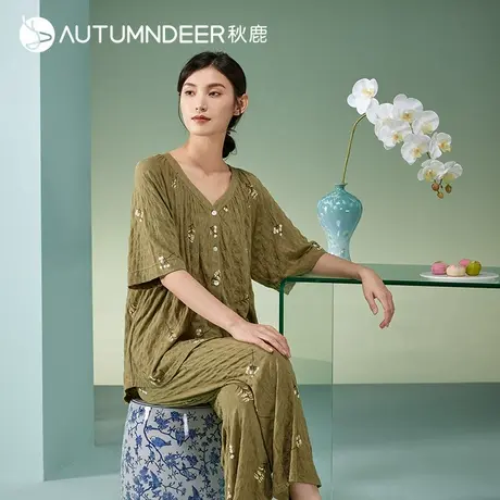 秋鹿睡衣女夏款新中式国风针织棉提花V领短袖长裤休闲家居服套装商品大图