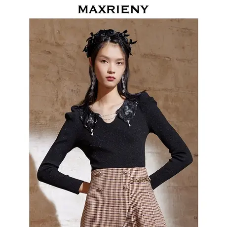 MAXRIENY蕾丝针织衫秋季女士复古泡泡袖毛衣图片