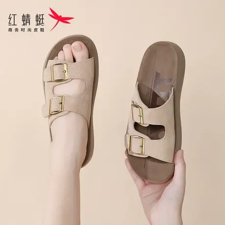 红蜻蜓休闲真皮勃肯凉拖鞋女夏季外穿一字拖新款软平底拖鞋不累脚图片