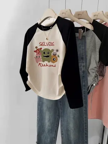 美式撞色长袖T恤打底衫辣妹短款插肩袖ins潮秋季新款女装复古上衣商品大图