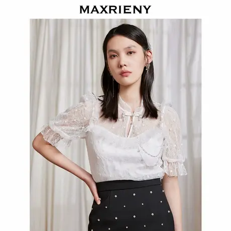 【奥莱】MAXRIENY新中式盘扣蕾丝上衣轻奢雪纺衫小衫图片
