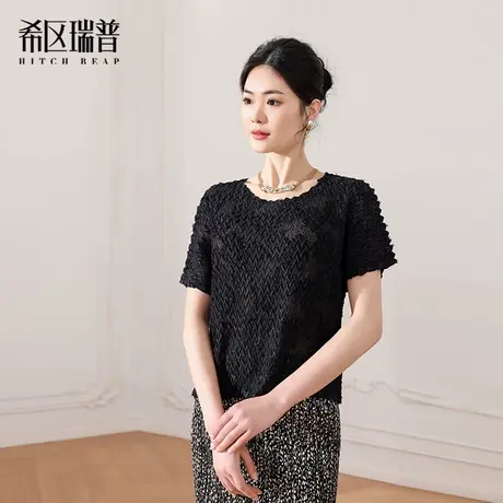 希区瑞普2025夏新品轻奢压褶气质显瘦薄款圆领短袖别致小衫上衣商品大图