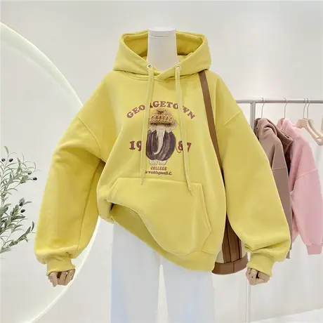 设计感小众连帽加绒卫衣女2022冬季新款宽松慵懒大象印花休闲外套图片