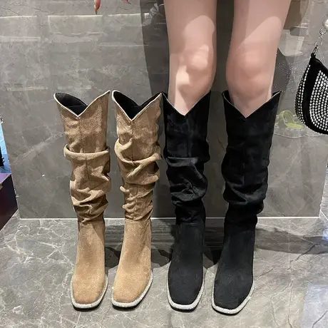 靴子女高跟复古长筒靴2023年夏季新款高级大筒水钻甜酷切尔西女靴图片