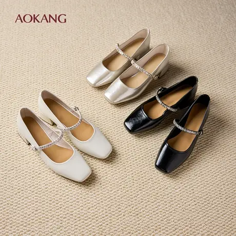 奥康 女鞋春秋新款中高跟玛丽珍法式绝美配裙子粗跟浅口单鞋图片