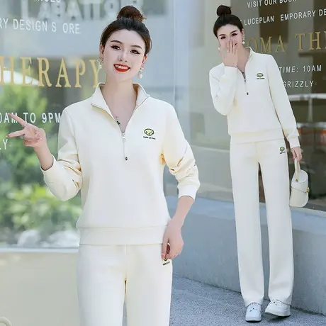 拉夏贝尔洋气运动套装女秋2025新款纯色立领卫衣休闲服显瘦两件套商品大图