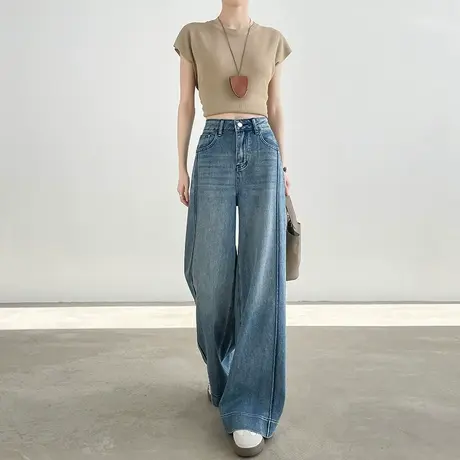 拼接阔腿牛仔裤女2025春秋宽松显瘦美式高腰垂感拖地直筒阔腿裤子图片