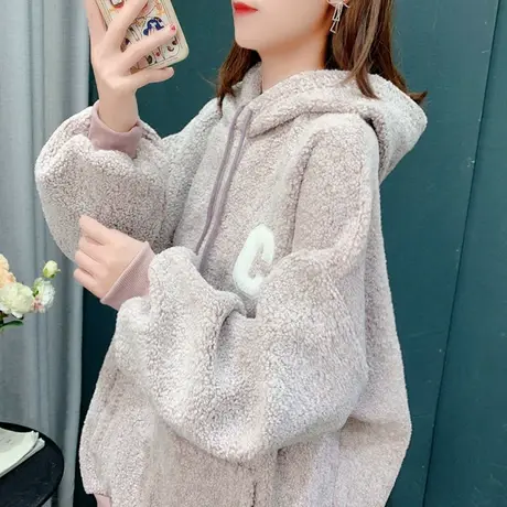 慵懒风加绒加厚羊羔绒卫衣女宽松女装2021新款秋冬设计感外套上衣图片