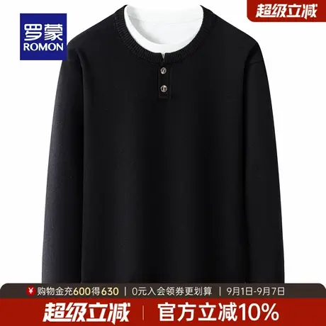 罗蒙男士时尚百搭圆领假两件针织衫2025秋季新款日常休闲长袖毛衣图片
