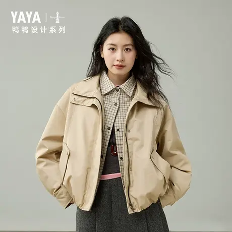 【设计系列】鸭鸭时尚保暖羽绒服女2025冬新款短款翻领假两件外套商品大图
