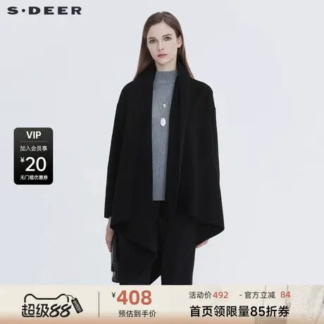 sdeer圣迪奥新款休闲开襟不规则拼接黑色毛呢大衣S20461701商品大图