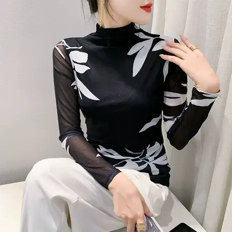 撞色扎染印花T恤女长袖性感网纱半高领上衣洋气修身透气打底衫ins商品大图