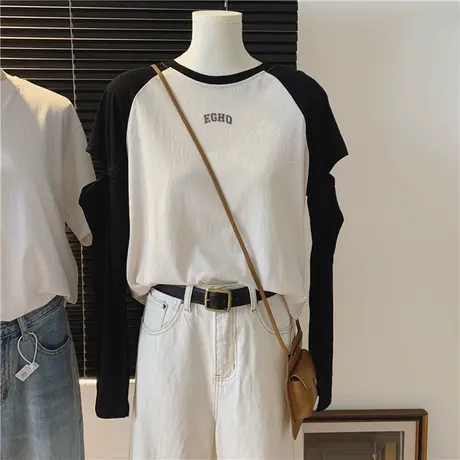 洋气减龄设计感小众半开袖T恤女春秋季韩版宽松拼色插肩长袖上衣商品大图