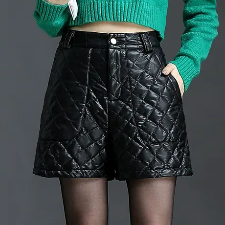 黑色加厚皮短裤女冬季2023新款高腰阔腿PU皮裤通勤显瘦百搭休闲裤商品大图