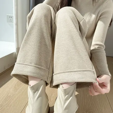 九分毛呢窄版阔腿裤女冬季新款高腰显瘦宽松加厚羊绒小个子直筒裤商品大图
