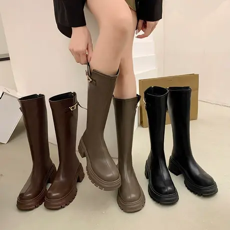 靴子女2023新款春秋季复古厚底增高显瘦长靴法式小个子粗跟骑士靴图片