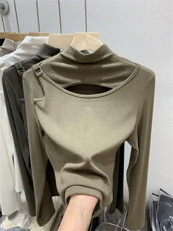 欧货半高领镂空打底衫女长袖2023秋冬新款修身显瘦t恤内搭上衣商品大图