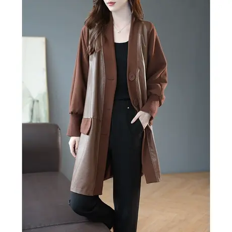 宝诗黎V领拼接单排扣皮衣中长外套口袋上衣2023秋季新款宽松大衣商品大图