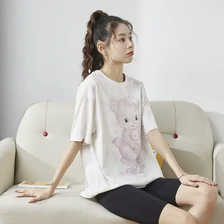 唐狮Teddy粉色女t恤夏装白色短袖打底小衫设计感小众别致图片