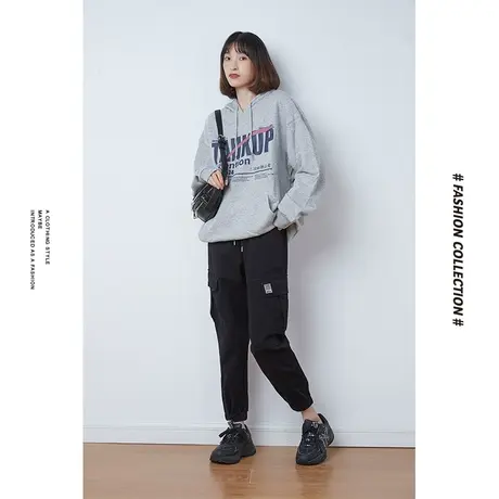 [商场同款]唐狮春秋季休闲裤女切割线棉质工装裤纯色休闲宽松束商品大图