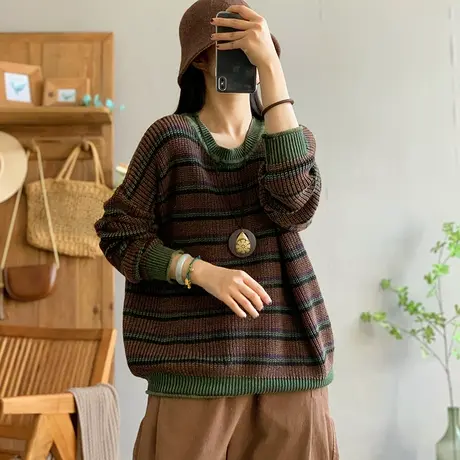 dza 复古圆领条纹撞色针织衫女冬内搭毛衣宽松休闲打底衫长袖上衣商品大图